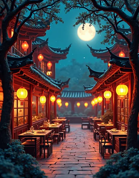 Papercut art. Kirigami. Origami. A very detailed and intricate cutout of an ancient chinese restaurant with dishes of chinese food, trees and lanterns, mystery dark atmosphere at night, no human being, no one, only food