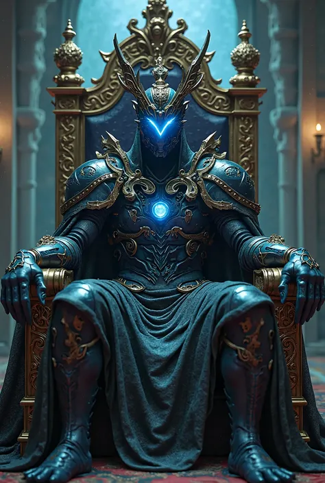 one eye blue shadow monster in full armor with crown sitting perplexed on a throne