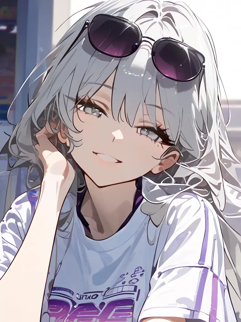 Best Quality:1.3, Masterpiece:1.3, Anime Style, Hand up, (smile mouth), Honkai art, Bronie,1 Girl, gray Eyes, silver Hair, Between Eye hair, wearing loose White and Purple Aesthetic jacket Arcade design Over a White Arcade Shirt, leaning. A Sunglasses rest...