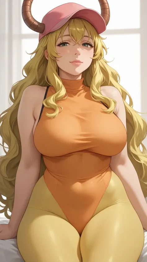 Lucoa, blonde hair, horns, pink cap, black longsleeve orange leotard, glossy, yellow pantyhose, frills, ruffles, tight, perfect body, nice body, curvy, beautiful woman with curvy body, wide hips and thick thighs, 