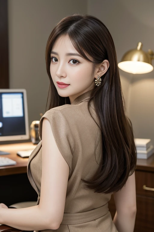 masterpiece、 best quality 、 real 、 very detailed on trends、 with finer details、High Resolution、8k wallpaper、1 beautiful woman、At the office、 Light Brown Disheveled Hair、 perfect dynamic configuration、 beautiful beautiful eyes、 Big Earrings 、 sitting on a c...