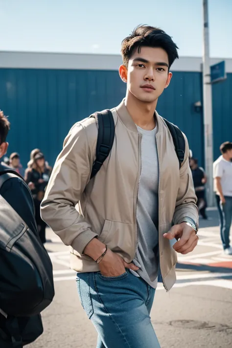 Pria Kaukasia, hidung mancung, bibir tipis,  mata biru , Black Hair, athletic body, young handsome face, kaos tanpa lengan, menatap tajam, best quality, mahakarya , detail ultra tinggi ,A handsome muscular man, wearing a jacket and jeans, exuding charm, Ca...