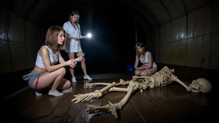 ภาพเหมือนจริง : ภาพระยะใกล้, A dark underground sewer tunnel, where a group of beautiful female scientists in white lingerie and helmets examine a large human skeleton scattered on the damp floor and leaning against a wall. One scientist kneels and examine...