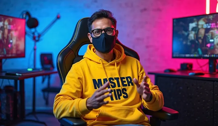 "An Indian man, 50 years old, sitting confidently on a modern gaming chair in his YouTube studio. He is wearing a bright YELLOW hoodie with MASTER TIPS boldly printed on it. His face is clearly visible and expressive despite wearing a sleek black COVID-19 ...