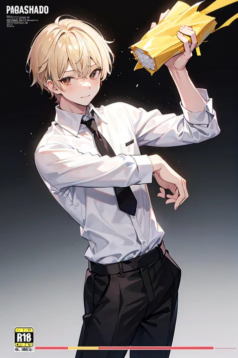 ((1st son)), male, Playboy,   blond hair, affectionate pose, shirt, (for men Clean Japanese round head suitable for many heads),  bangs, Butt head, brown eyes, simple background, ( alone)), (Cover style :1.3), Fashionable,  ( masterpiece, best quality, hig...