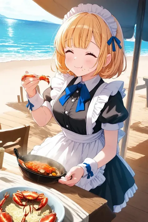  1girl , yuki mio , Blonde, maid dress, table, eating boiled crab, has crab legs, smile, Goodwill, sea, beach