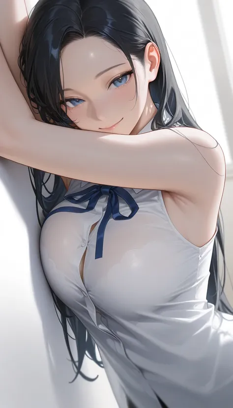 Realistic, ultra-detailed,(best quality),((masterpiece)),(highres),extremely detailed 8K wallpaper,(an extremely delicate and beautiful),large breasts,   long hair,   (black hair) , forehead, （1girl1.5）, hair blue ribbon、（ 1.5）、dress shirt, Smile , sleevel...