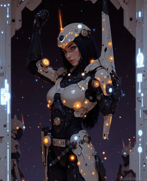 The samurai raises her cybernetic arm, and glowing plasma conduits flare to life, illuminating her intricate armor. She activates her thruster packs with a flick of her shoulder, sending small jets of flame outward. Holographic interface rings spin around ...