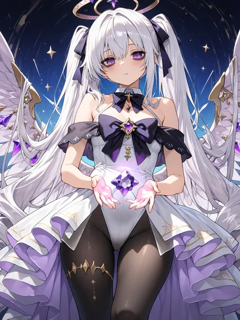 1girl, white hair, very long hair, twintails, purple eyes, bags under eyes, hair ribbon, black off-shoulder dress, layered dress, white halter leotard, leotard under clothes, see-through overskirt, sleeveless, wing collar halter, bowtie, black pantyhose, h...