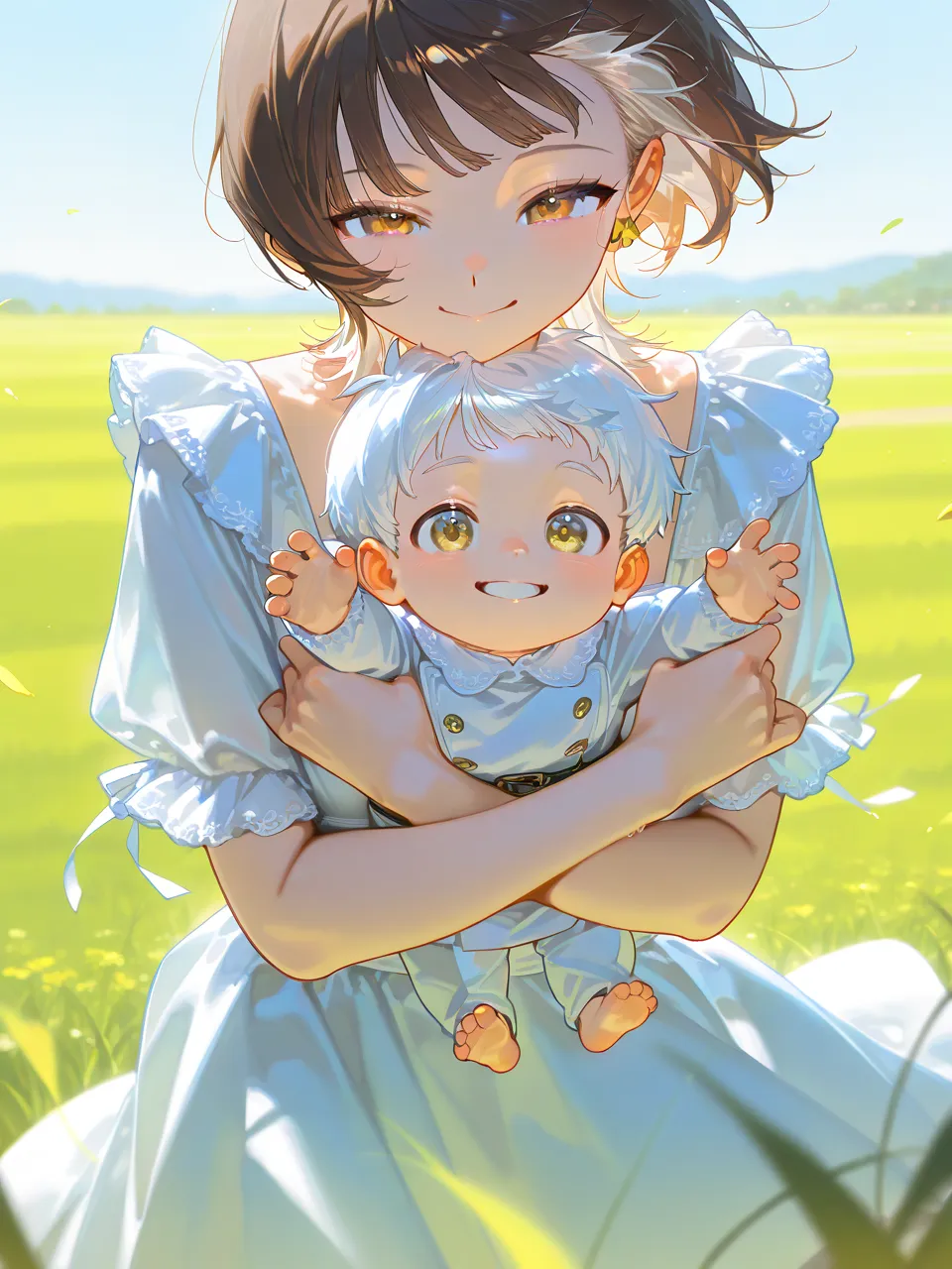 masterpiece、最 high quality、 high quality、 is very aesthetic、 absurd、up to date、 1 woman、 short brown hair、 short wolf cut, very short bangs, white dress  、holding a baby white hair boy、masterpiece,  high detail, Field, smile