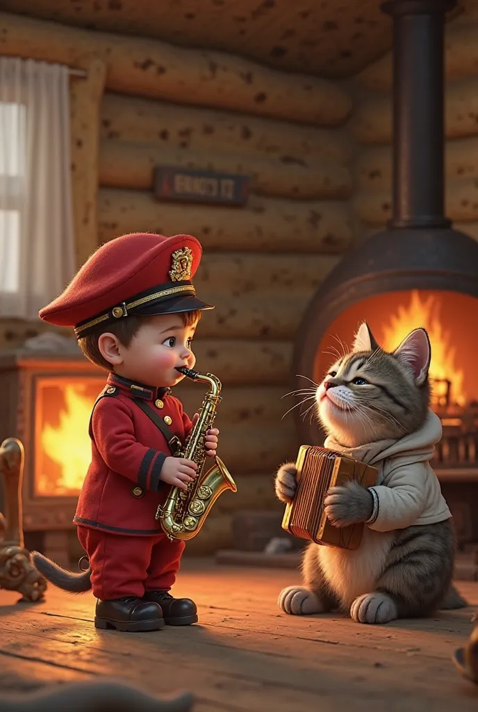 Un bébé habillé en pompier, portant un uniforme rouge détaillé et un petit casque, se tient debout dans un salon en bois chaleureux. Il joue du saxophone avec une expression concentrée. À côté de lui, un chat anthropomorphique est assis, vêtu d’une combina...