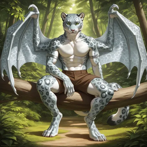 full body, anthro, front view, cream-colored leopard, sits, male, detailed green eyes, detailed fur, claws, dragon wings, muscular, brown shorts, silver armlet, silver leg-bands, anklet, green leopard patterns, nature, in the high mountains, solo, best qua...