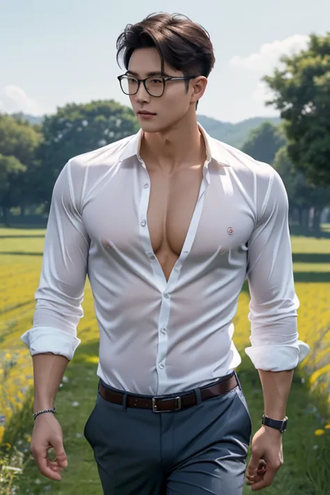 Handsome Korean guy, Super Big Breasts  ,,shiny tight clothes, tanned skin,brewokan , Walking down the aisle ,Handsome and elegant,  is wearing glasses , Six y , masculine and handsome，muscular ，Muscles look good,,,  full body photo ,(fields are very detai...