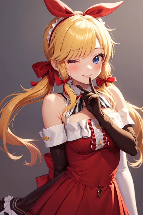 ohtsuki yui, 1 girl, chest, blonde hair,  closes one eye, Alone, large chest,  blue eyes, smile, twin tails, chest元, watch viewers,  long hair,  shoulder out, bangs, ,  striped ,  dress, frills, detachable sleeves, bow, red bow,  striped   dress, ribbon, e...