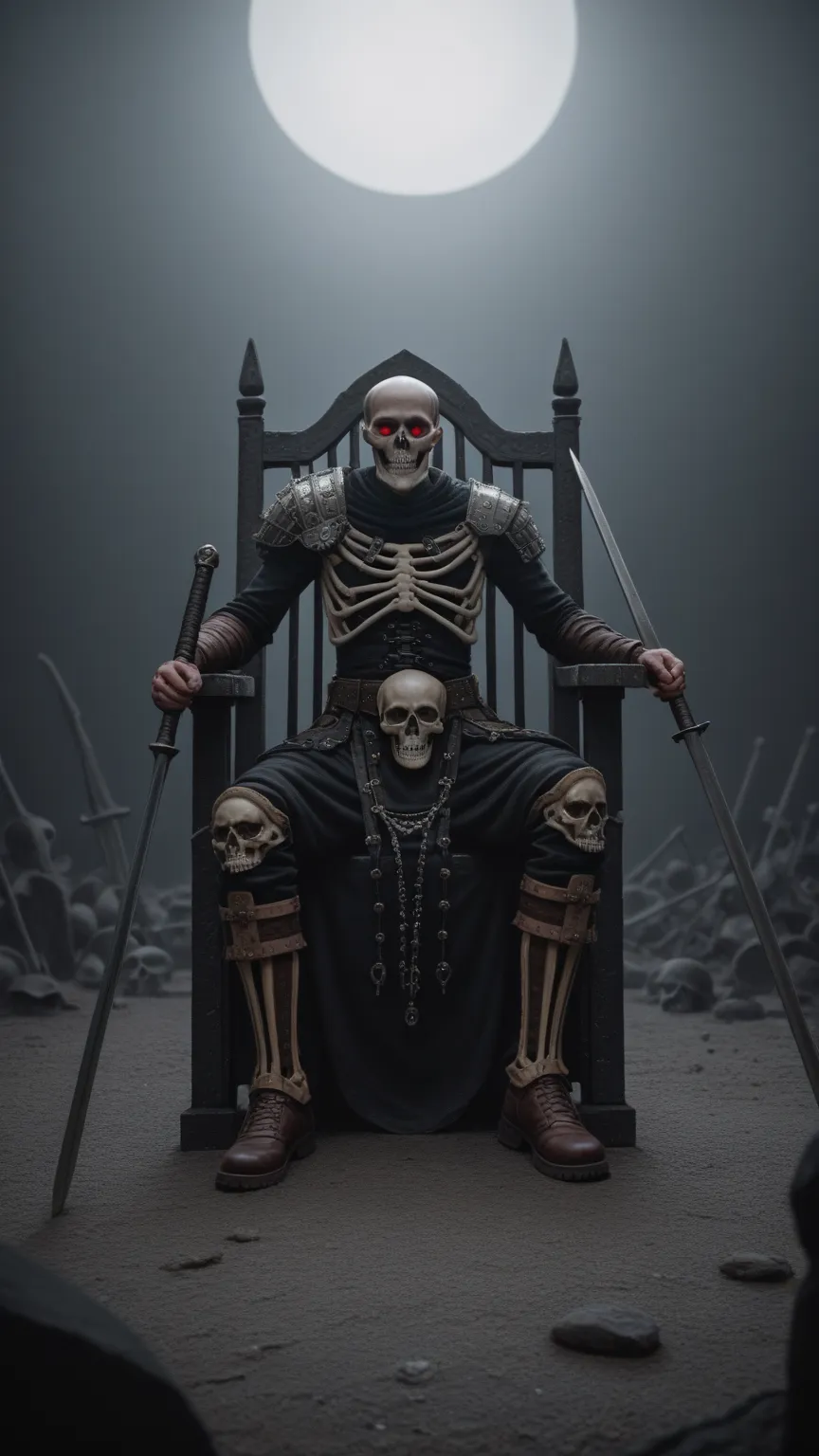 An elaborate Baroque-style oil painting of a high-ranking skeleton warrior, perched confidently atop a towering mound of skulls. Its glowing red eye sockets radiate an intense, malevolent light, illuminating the surrounding darkness. The warrior wields a m...