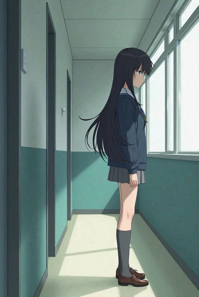  to have a Japanese student, standing near a window in the hallway 、  on the right side of the image 、 , is forced to stand in the hallway as punishment for violating her clothes 、Everyone looks the same way 、 height : 170 cm、 underpants, Seems, visible 、b...