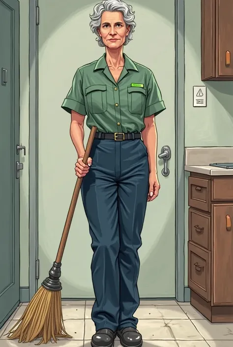 an illustration of a 50-year-old woman in uniform , with wide navy blue pants, and green blouse , and holding a broom 