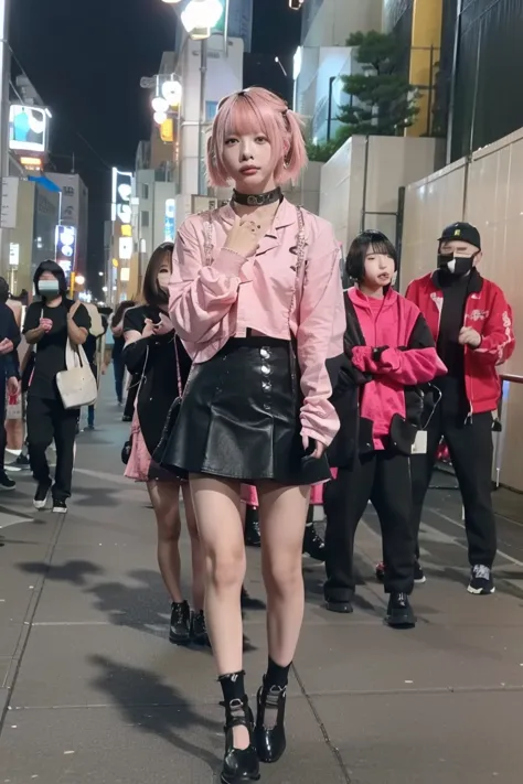 (((with multiple men behind the woman))) pink hair、twin tails、black spike choker necklace､  ear piercing､bust exposure， Black Mini Skirt､ Black Eye Shadow､  black eyeliner  ､彼女は pink hairのtwin tailsヘア、(((Kabukicho at night、Park near Seibu Shinjuku)))  