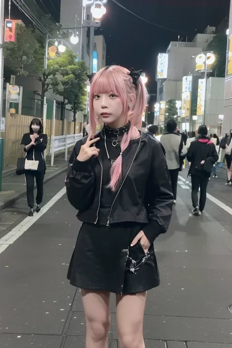 (((with multiple men behind the woman))) pink hair、twin tails、black spike choker necklace､  ear piercing､bust exposure， Black Mini Skirt､ Black Eye Shadow､  black eyeliner  ､彼女は pink hairのtwin tailsヘア、(((Kabukicho at night、Park near Seibu Shinjuku)))  