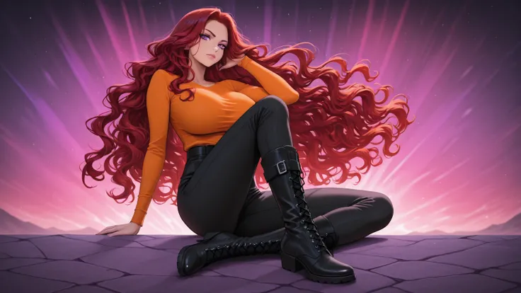 gamer style with a slender Caucasian girl with giant breasts, long wavy hair and red hair, with purple eyes with long eyelashes .  orange shirt ,  black pants, black boots. You are in sight of an aurora borealis.