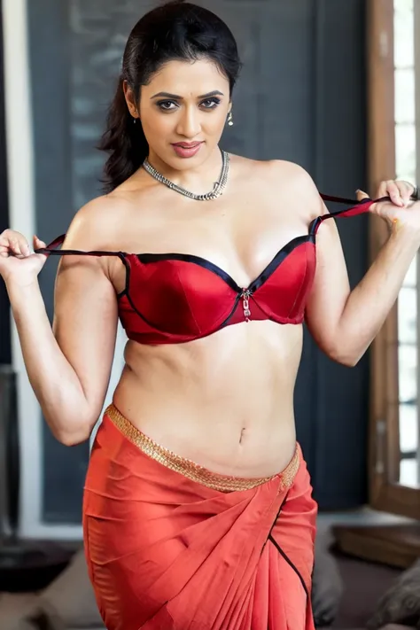 daytime view, full body shot of girija oak from Front view, removinng red transparent blouse and saree, stripping her black satin bra. both Her bra straps are in her both hands as she remove her bra , hourglass busty figure, deep cleavage,swooping breasts,...