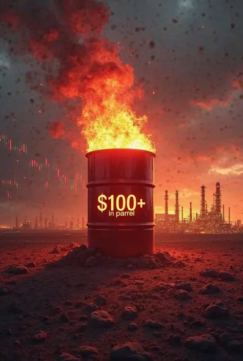 A glowing red oil barrel with ‘$100+ per barrel’ written on it. Flames and smoke rise from the barrel, representing inflation fears. In the distance, an Indian refinery is shown, with financial graphs in the sky showing rising import costs. The overall moo...