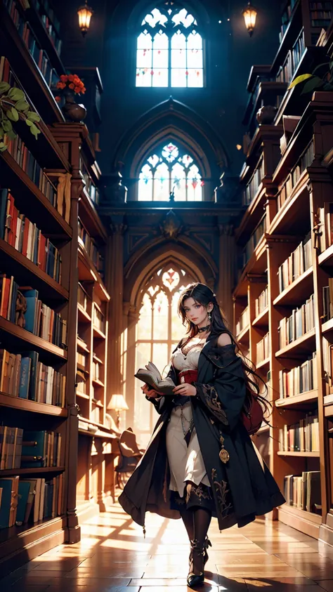 There is a picture of a woman walking through a bookstore, Gothic Epic Library concept, Gothic Epic Library, Gothic Library, Library Librina Concept Art, Ancient Libraries, Book Cave, Magic Library, The Eternal Library, Dark Library, Dusty Library, Alchemi...