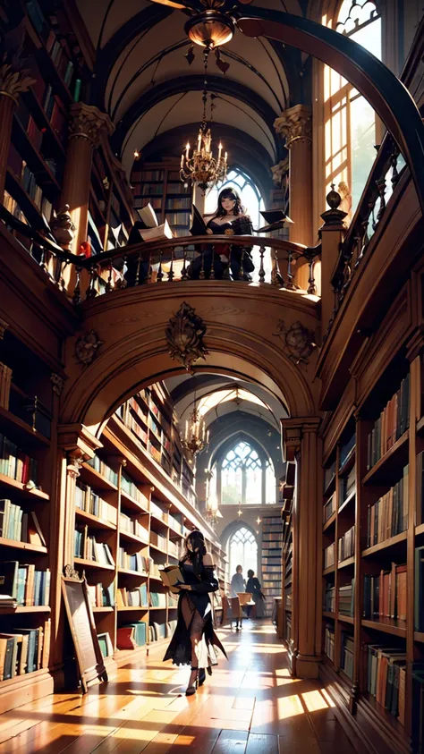 There is a picture of a woman walking through a bookstore, Gothic Epic Library concept, Gothic Epic Library, Gothic Library, Library Librina Concept Art, Ancient Libraries, Book Cave, Magic Library, The Eternal Library, Dark Library, Dusty Library, Alchemi...