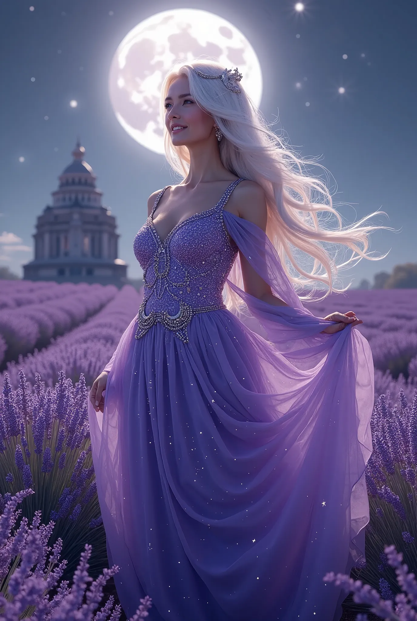 A celestial moon priestess stands in a mystical lavender field under a full moon, her ultra-HD flowing violet gown embedded with twinkling amethyst and silver constellations. The shimmering fabric enhances her full-figured beauty, shifting between deep pur...