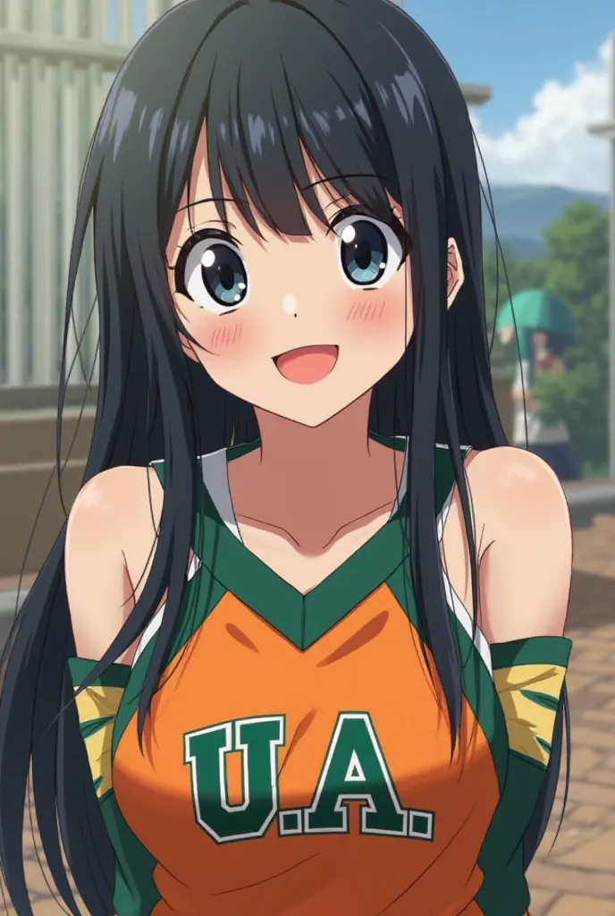 My Hero Academia screenshot girl with long straight and black hair,  Black Eyes, He has a smiley expression and wears the UA cheerleading uniform that is orange and green