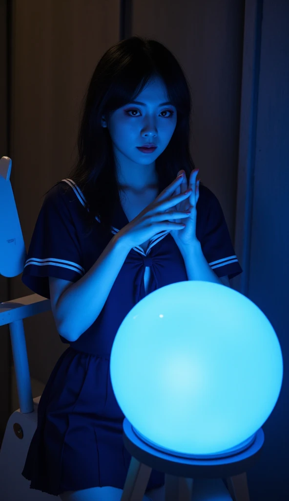 (  is high resolution ), (8k), ( very well detailed ), ( Top Quality ), (photorealistic:1.2),(Realistic sailor uniform:1.5),(( A Japanese female high school fortune teller sitting on a chair at the fortune telling house and looking into a large crystal bal...