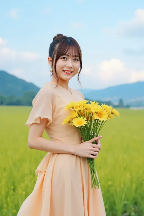 A charming Japanese woman with delicate features holds a bouquet of yellow freesia flowers. She is wearing a refreshing pastel-colored dress that flows gently in the breeze. Her expression is serene and warm, with a gentle smile. The background showcases a...