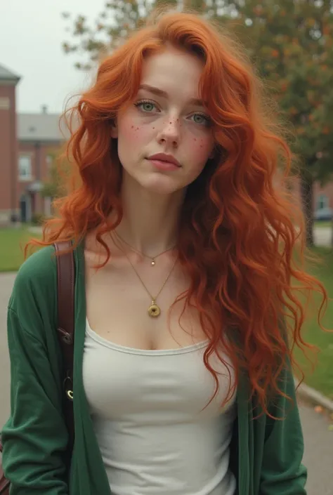 A girl with pale skin, a gentle smile, green eyes. She has long curly red hair and freckles. She is wearing a white tank top and a green cardigan. More dull colors. Against the backdrop of a campus. In the style of realism