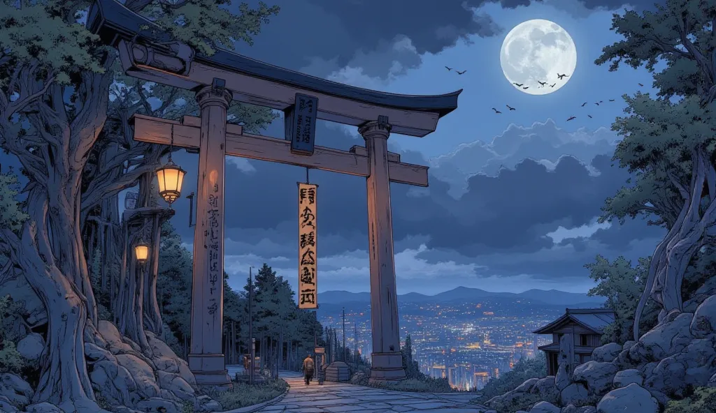 cyberpunk,mountains,shrine,,Many Torii Gates,Deep in the mountains,night,Lantern,cloud,Flock of birds,bamboo forest