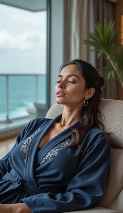(masterpiece, ultra-detailed, cinematic, high-resolution, luxurious cruise ship spa with panoramic ocean views, ((A confident and effortlessly stylish female travel influencer, aged 23 to 28, relaxes on a plush lounge chair, her bright, expressive eyes clo...