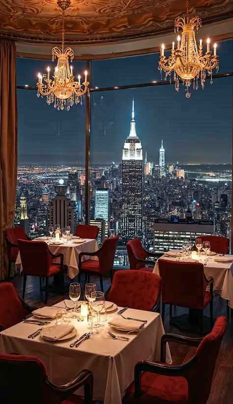 Un restaurant haut de gamme avec une vue imprenable sur New York la nuit, lumière tamisée, chandeliers et ambiance raffinée