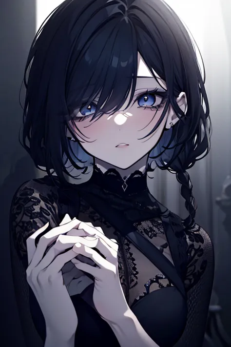 a yandere girl, tightly holding hands, intense possessive love, heavy obsessive love, beautiful detailed eyes, beautiful detailed lips, extremely detailed eyes and face, long eyelashes, elegant gothic dress, dark fantasy, dramatic lighting, dramatic shadow...