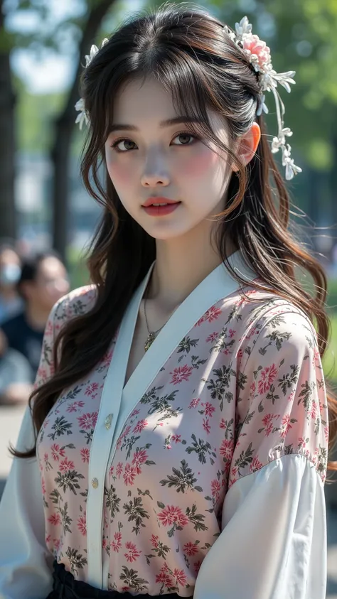 An elegant 21-year-old girl，shows off her charm in a city park scene。shows off perfect medium height， White skin tone ，Charming eyes and exquisite detail。HDR quality，Masterpiece quality with TSMPK style。