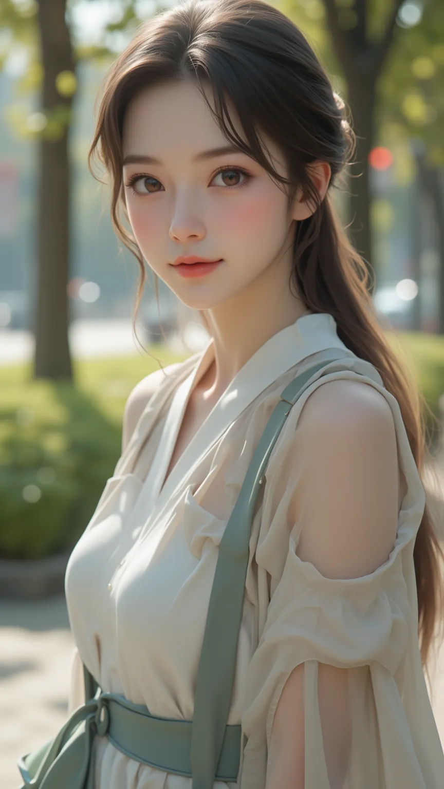 An elegant 21-year-old girl，shows off her charm in a city park scene。shows off perfect medium height， White skin tone ，Charming eyes and exquisite detail。HDR quality，Masterpiece quality with TSMPK style。