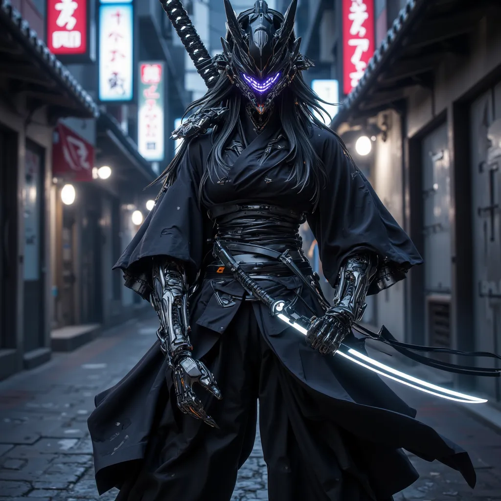 A cyberpunk version of Naoe from Assassin’s Creed Shadows. A skilled kunoichi with dark, flowing robes embedded with stealth-enhancing nanotech. Her mask partially covers her face, revealing piercing, calculating eyes. Her cybernetic katana hums with a low...