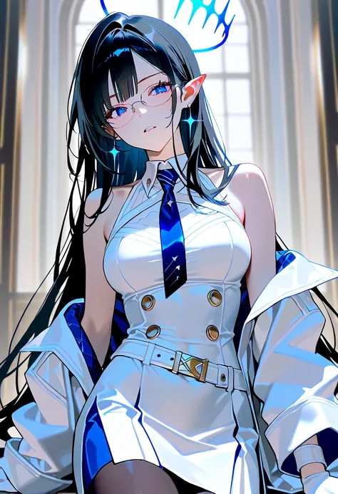  female 1、Nanagami Rin 、 blue eyes、 long, slender eyes、 black hair、ingrown hair coloring、very long hair、 pointed ears、Halo、glasses、earrings、Wear a white coat on top、Sleeveless dress、white dress、white coat、 Long Sleeve、Wristband、white half palm gloves、blue ...