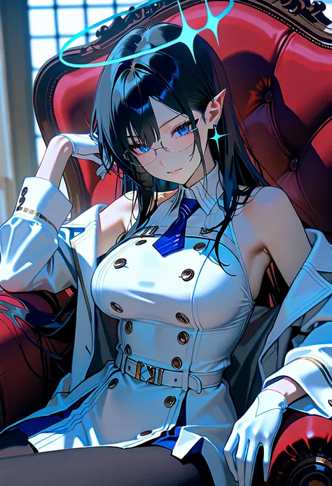  female 1、Nanagami Rin 、 blue eyes、 long, slender eyes、 black hair、ingrown hair coloring、very long hair、 pointed ears、Halo、glasses、earrings、Wear a white coat on top、Sleeveless dress、white dress、white coat、 Long Sleeve、Wristband、white half palm gloves、blue ...