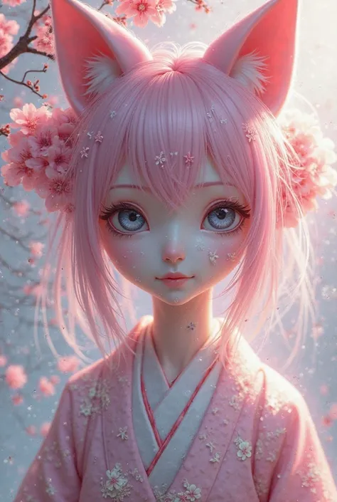 A woman with pink hair and gray blue eyes. She is wearing a kitsune mask. Her hair is decorated with some Sakura flowers. Elle porte un kimono traditionnel.