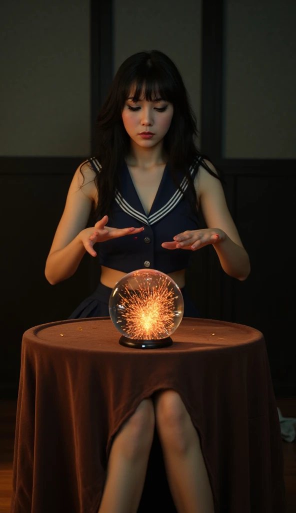 (  is high resolution ), (8k), ( very well detailed ), ( Top Quality ), (photorealistic:1.2),(Realistic sailor uniform:1.5),(( A Japanese female high school fortune teller sitting on a chair at the fortune telling house and looking into a large crystal bal...