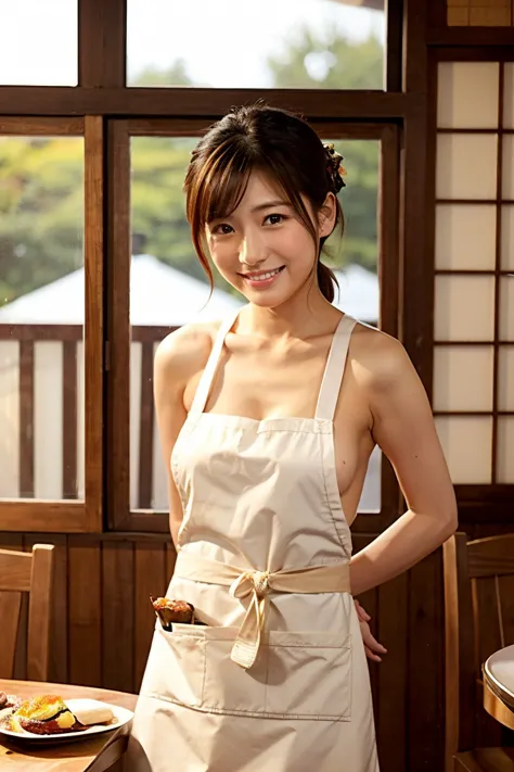 { small tits:1.2｝、{Zuo々Nozomi:1.5}、Japanese actress、Age 35、 dining、naked、apron、Zuo々Nozomiに似た顔