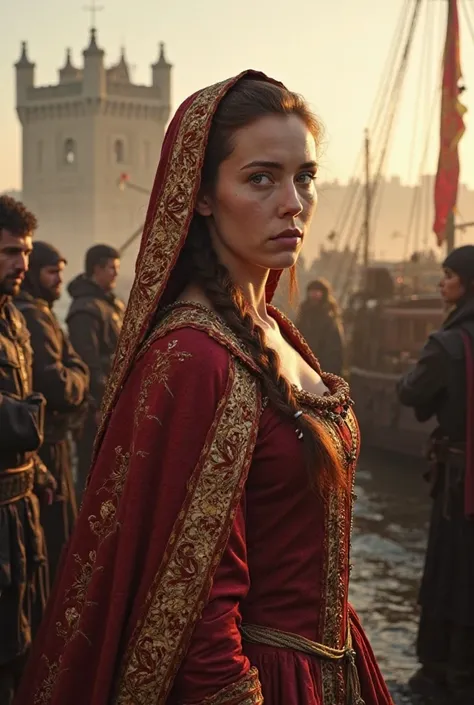 "A hyper-realistic and cinematic 16th-century royal court arrival scene, depicting Catalina de Aragón stepping onto English soil for the first time, her expression a blend of quiet determination and resilience. The setting is a grand English port, where sh...