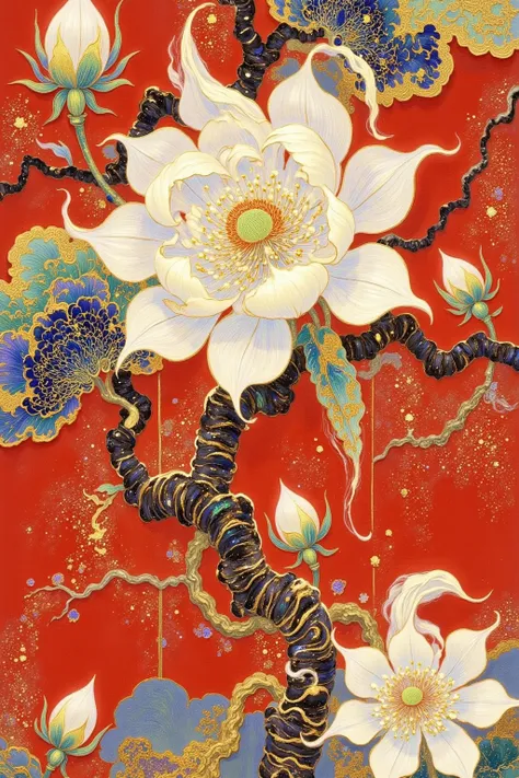 Draw a tree with white flowers in front of the red gate, A detailed painting inspired by Xie Shichen , trending on pixabay, Cloisonnism,  Oriental Wallpaper , plum bossom, Chinese style wallpaper ,  Chinese Style,  Chinese Style painting, with ancient Chin...