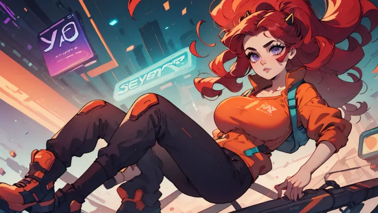 gamer style with a slender Caucasian girl with giant breasts, long wavy hair and red hair, with purple eyes with long eyelashes .  orange shirt ,  black pants, black boots . You are in a virtual world. cyberpunk style