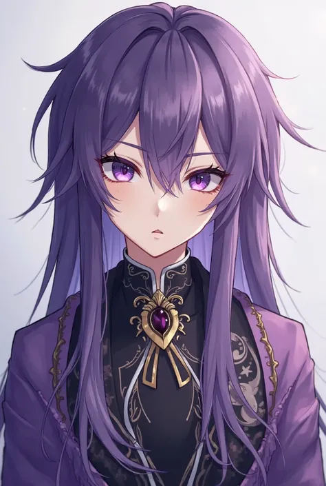 Make it anime style: a boy with long and straight purple hair, violet eyes with a dot on his right cheek lowers his eye. wears elegant purple clothes with black and white details.