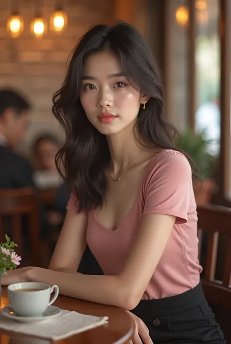 Let's create an image of a Vietnamese girl wearing a black, low-waist skirt, and a pink babytee shirt, standing at a cafe.